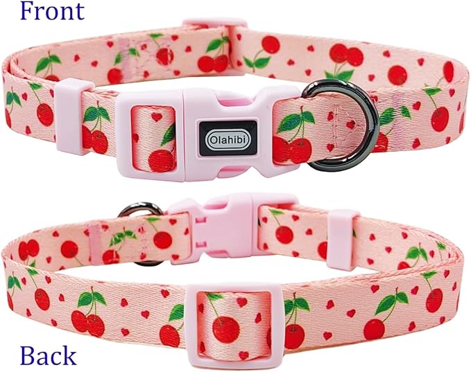 Dog Collar Leash Set, Fruit Pattern, Polyester Material, Adjustable Collar and 5ft Matching Leash, for Puppy Dogs.(XS, Pink Cherry)