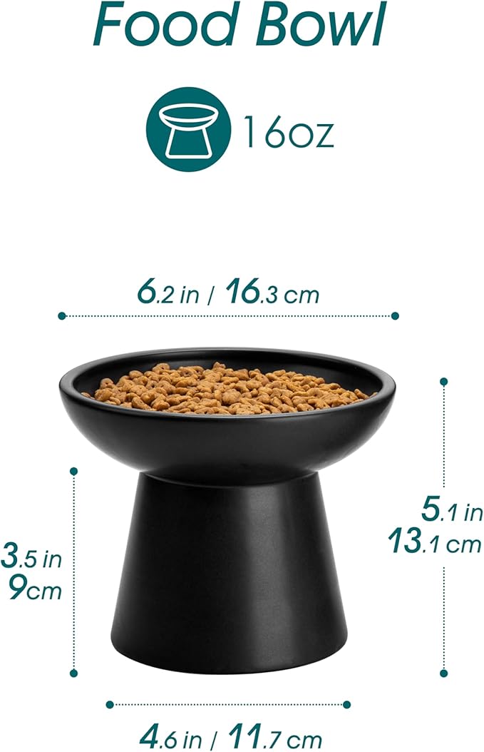 vancasso Elevated Cat Food Bowls 2-Pack, 6.2" Wide Shallow Cat Feeding Bowl for Whisker Fatigue, 5.1" Height Ceramic Raised Food Bowls for Senior Cats, Anti Vomit, Black
