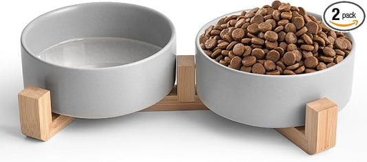 Mowtanco Grey Ceramic Dog & Cat Bowl Set – 13.5 OZ with Wooden Stand, Non-Slip, Elevated Design for Small Dogs & Cats – 2 Bowls (Food & Water, Ceramic Pet Bowls, Modern Dog Bowls)