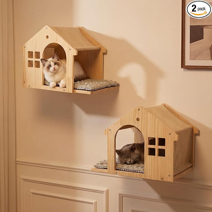 2 Pack Solid Wood Cat Wall Shelves, Wall-Mounted Box Condo House Perches with Washable Cushions, Stable Design for Small to Medium Cats, Space Saving Furniture