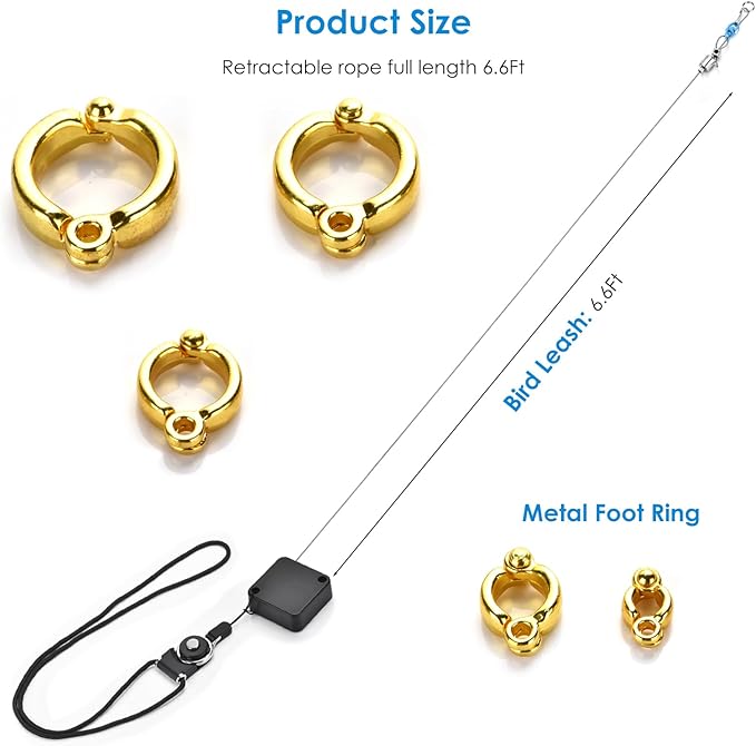 6.6Ft Bird Leash, with 13 Different Size Foot Ring Retractable Anti-Bite Parrot Harness, Bird Flight Training Rope for Budgies,Cockatiels,Psittacula Longicauda,Mini Macaws（Luxury Gold Color）