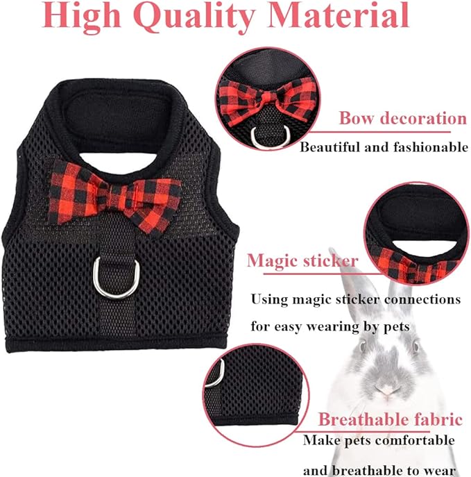 ASOCEA Adjustable Bunny Harness and Leash Breathable Mesh Vest Harness for Rabbits Walking Soft Pet Harness Vest Cloth Lead for Small Animals Rabbits Ferret Kitten Black M