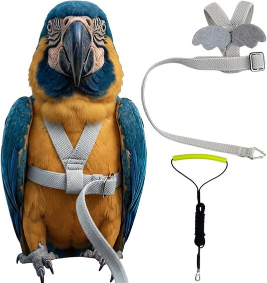 Adjustable Bird Harness with Elastic Leash, Pet Parrot Harness and Leash, Adjustable Training Design Anti-Bite, Bird Nylon Rope with Cute Wing for Conure (Grey,Macaw)