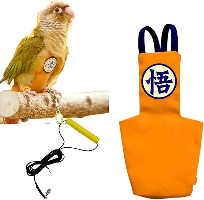 MANON ROSA Bird Diapers Leash Set Washable Reusable Handmade Flight Suit Waterproof Inner Layer - Protective Parrot Nappy Clothes Parakeets Macaws Budgies Canaries (Orange1,Rainbow Lorikeet)