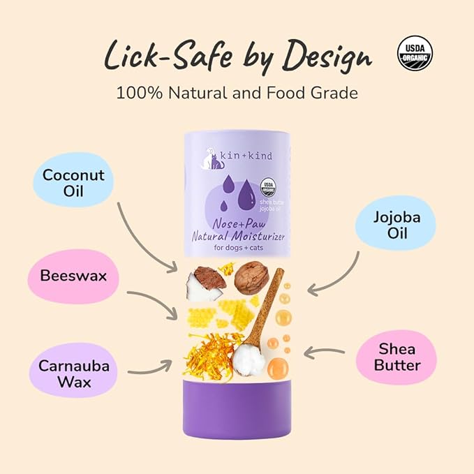 kin+kind Nose & Paw Balm Stick for Dogs & Cats – USDA Certified Organic – Natural Moisturizer for Dry Cracked Paws & Nose – Coconut Oil & Shea Butter – Lick-Safe – 1.76 oz