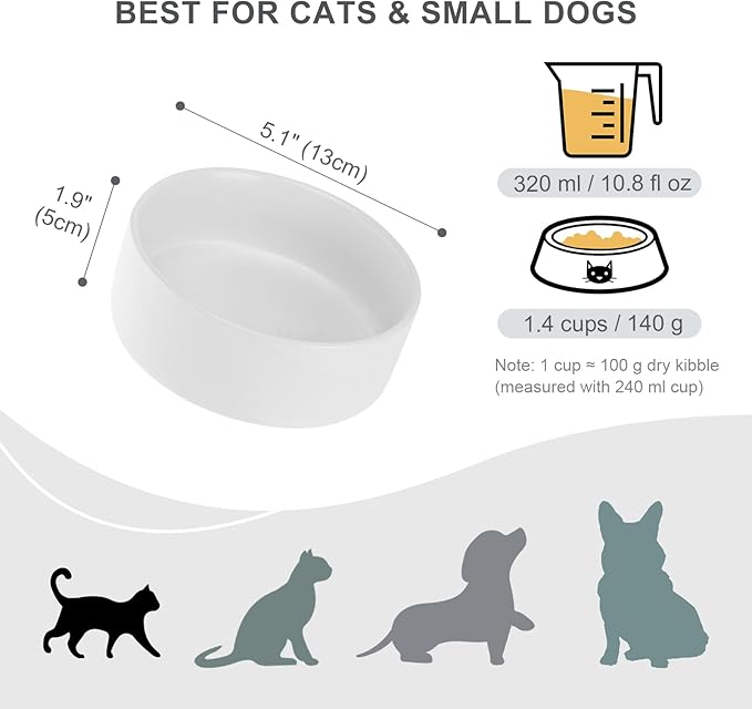 Ceramic Dog Bowl for Food and Water - Pet Feeder Bowl for Small Dogs and Cats - Heavy Ceramic Feeding Dish with Non Slip Base - Dishwasher & Microwave Safe - Set of 2 Bowls - 5Inch /1.4 Cups - White