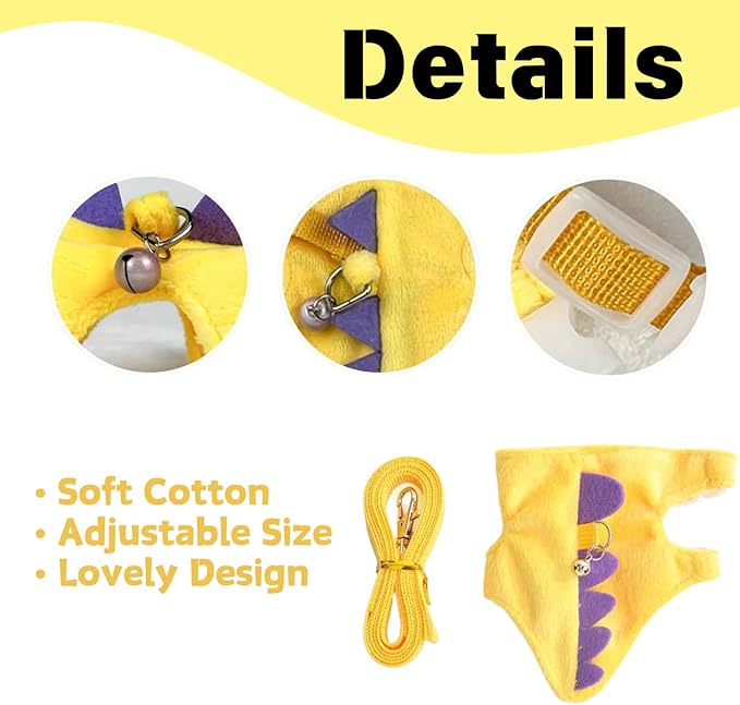 Ferret Harness and Leash Set Cute Dinosaur Design Soft Mesh Small Pet Harness Vest with Safe Bell Walking Clothes for Small Animals Ferret Rabbit Guinea Pig Squirrels (Yellow)