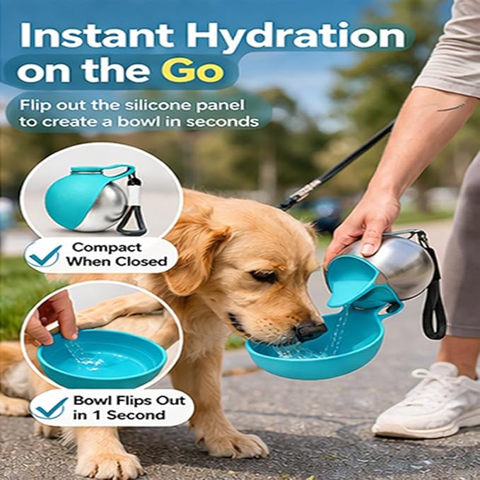 2 in 1 Portable Tumbler for Dogs, 2026 New 10Oz Stainless Steel Dog Water Bottle with Silicone Foldable Bowl, Leak-Proof 2 in 1 Portable Small Dog Water Bottle for Walking, Hiking & Travel (10Oz-Pink)
