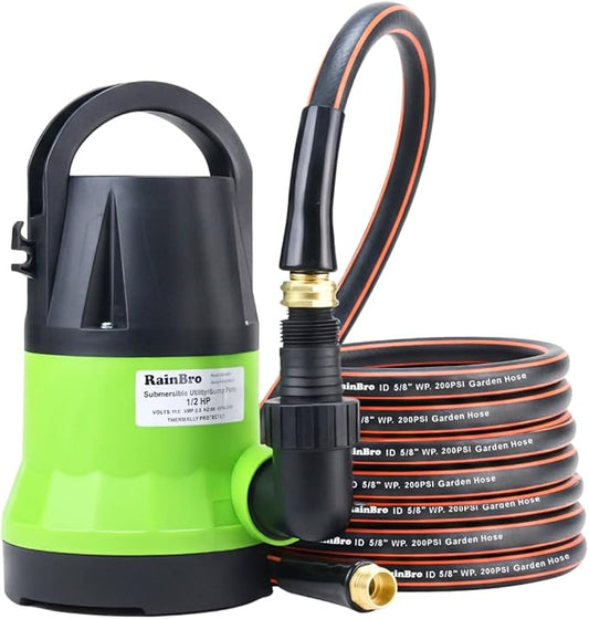 Submersible Sump Pump, 1/2 HP Sump Pump with 10ft Drain Hose Kit & 25ft Power Cord, Portable Submersible Water Pump for Pool Draining, Hot Tub, Basement Flood Removal, Garden Irrigation