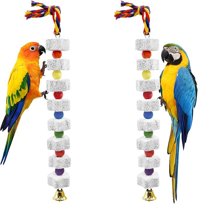 2 Pack 11.5" Large Lava Stone Bird Toys - Natural Beak Grinding Block with Hemp Rope - Hanging Cage Accessories for Parrots, Cockatiels, Conures & Parakeets