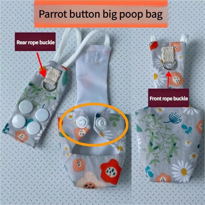 Snap-Closure Parrot Diaper Flight Suit for Cockatiels, Lovebirds & Medium Birds Cotton Washable Escape-Proof Harness with Leash Set(Peony Model+1 Meter Rope)