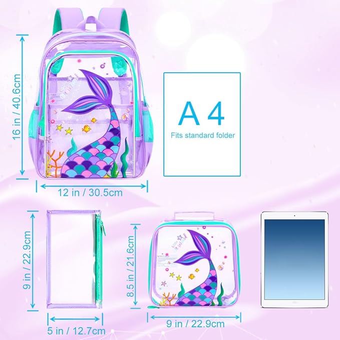 AGSDON 3PCS Mermaid Clear Backpack for Girls, 16" Transparent Bookbag Heavy Duty, Cute See Through Backpacks with Lunch Bag - Purple Mermaid