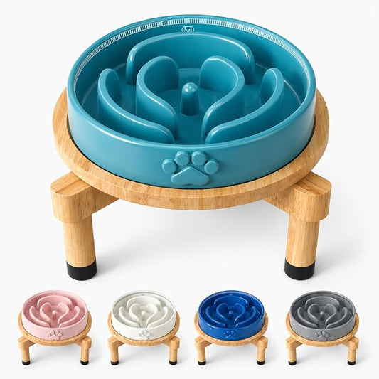 Slow Feeder Dog Bowls – Elevated Dog Bowl Slow Feeder with Bamboo Stand– Microwaveable Dog Slow Feeder for Small and Medium Dogs – Lead and BPA-Free Ceramic Pet Bowl – Pet Feeder for Fast Eaters