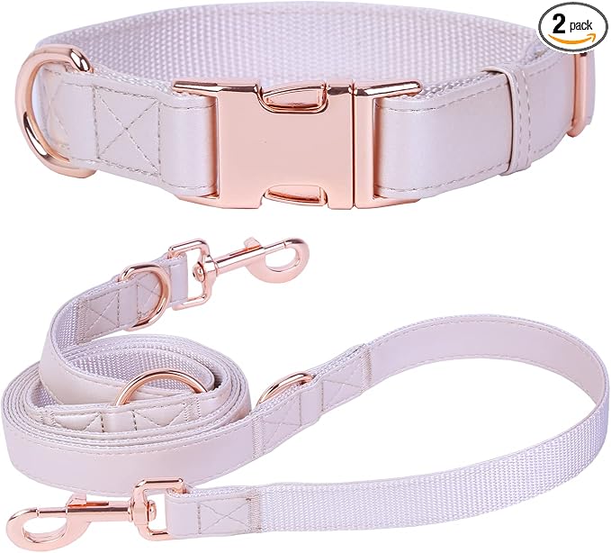 Soft Leather Dog Collar and Leash (6.6') Set - Stylish Rose Gold Heavy Duty Metal Buckle, 4 Adjustable Lengths Leash for Small Medium Large Dogs - Comfortable & Easy to Clean M(13.8"-19.7"), Gold Pink