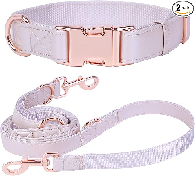 Soft Leather Dog Collar and Leash (6.6') Set - Stylish Rose Gold Heavy Duty Metal Buckle, 4 Adjustable Lengths Leash for Small Medium Large Dogs - Comfortable & Easy to Clean S(12.2"-16.9"), Gold Pink