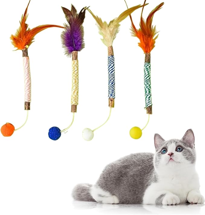 Vintage & Haven ﻿ 4 Pcs Natural Silvervine Sticks Cat Toys, Feather Style, Kittens Chew Toys for Teeth Cleaning, Matatabi Dental Care Cat Treat, Consumable Kitty Lick Toys