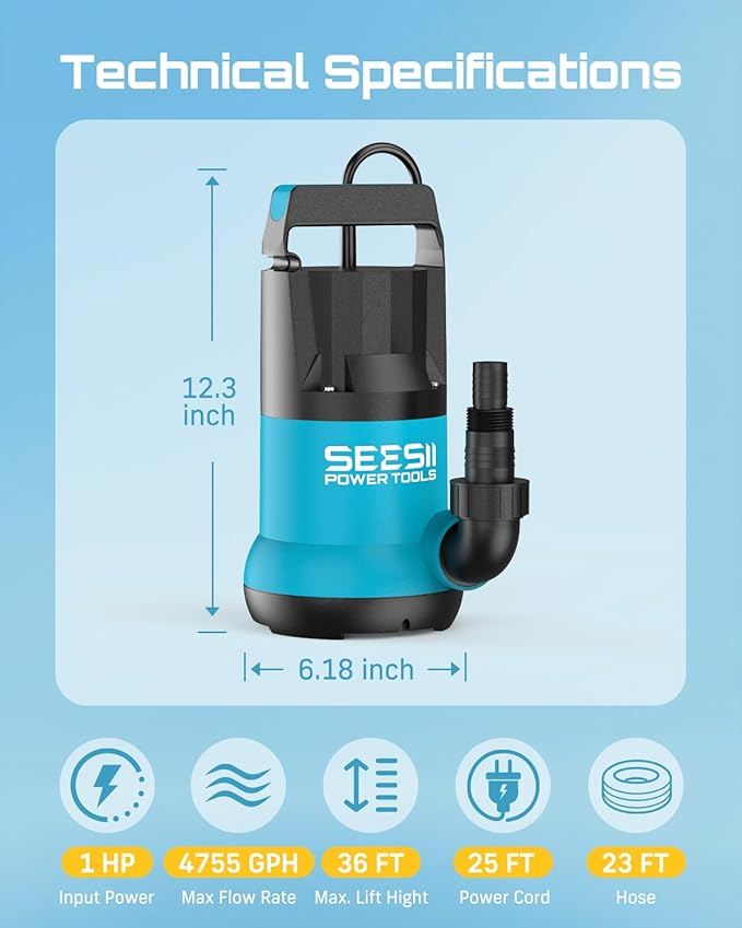 SEESII 1HP Submersible Water Pump, 4755GPH High Flow Sump Pump with 23ft Hose Kit, Anti-Clogging Filter Net for Swimming Pool Hot Tub Pond Basement Rooftop Garden Water Removal