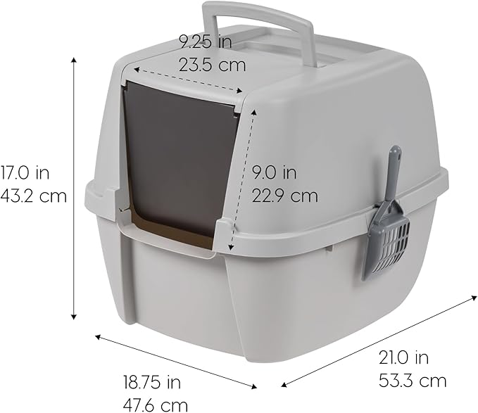 IRIS USA Cat Litter Box Large with Front Door Flap, Covered Enclosed Litter Box Enclosure with Scoop, Handle & Buckles for Portability & Privacy, Hidden Litter Pan, Gray