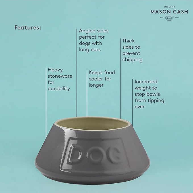 Mason Cash: Non-Tip Dog Bowl - Grey - 8.3", 54oz - Durable Ceramic Food & Water Angled Dish, Microwave-Dishwasher Safe, Pet Meal Feeding & Hydration