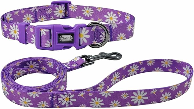 Dog Collar Leash Set, Floral Pattern, Polyester Material, Adjustable Collar and 5ft Matching Leash, for Small Dogs.(S, Purple Daisy)