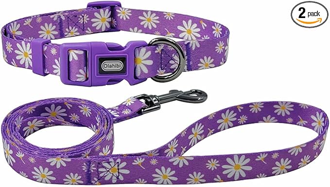 Dog Collar Leash Set, Floral Pattern, Polyester Material, Adjustable Collar and 5ft Matching Leash, for Medium Dogs.(M, Purple Daisy)