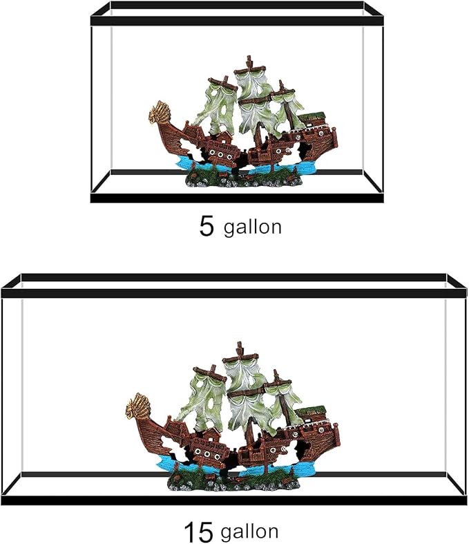 Shipwreck Aquarium Decorations Pirate Ship Ornament w/Sail (2 Pieces) 5 Gallons and Larger Fish Tank, Sunken Ship Decoration Ornaments, Decorative Resin Boat for Freshwater Saltwater Decor