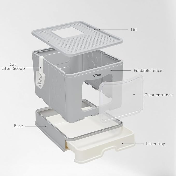 AiQinu XLarge 80L Foldable Cat Litter Box with Lid, Top Exit & Front Entry Kitty Litter Box, Includes Litter Mat & Scoop, Odor Control Anti-Leakage, Easy Clean Large Cat Toilet (Gray)