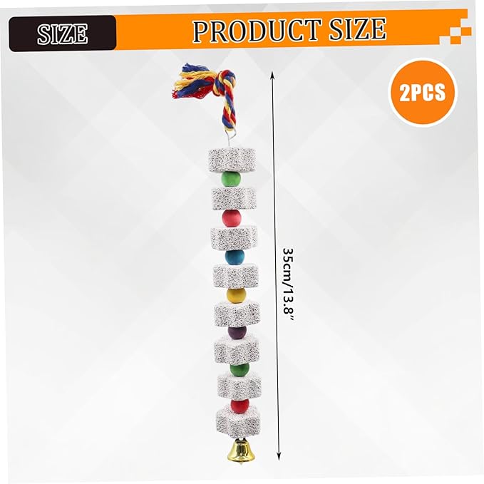 2PCS Bird Beak Grinding Stone, 13.8" Mineral Block for Birds with Bell, Hanging Parrot Chewing Toys for Cage Budgies Cockatiel Hamster Chinchilla