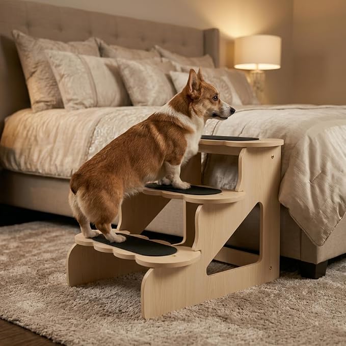 Wood Dog Stairs for Bed | Trainer-Recommended Wood Ramp Steps – Sturdy Support for Small & Senior Dogs