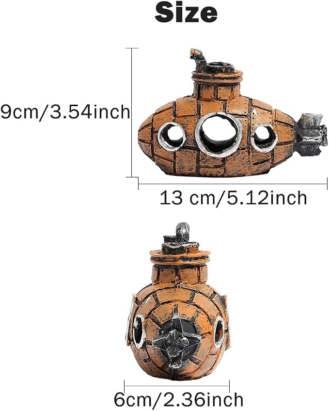 Submarine Aquarium Ornament, Resin Fish Tank Hideout Cave for Shrimp | Compact fish tank cave decor for small fish and shrimp in freshwater and saltwater aquariums