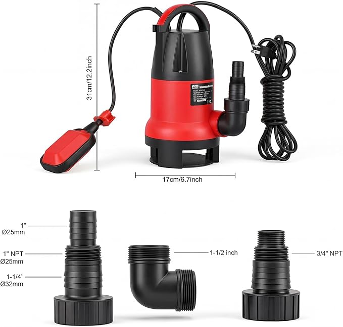 Sump Pump, Prostormer 1HP 3700GPH Submersible Clean/Dirty Water Pump with Automatic Float Switch for Pool (Red)