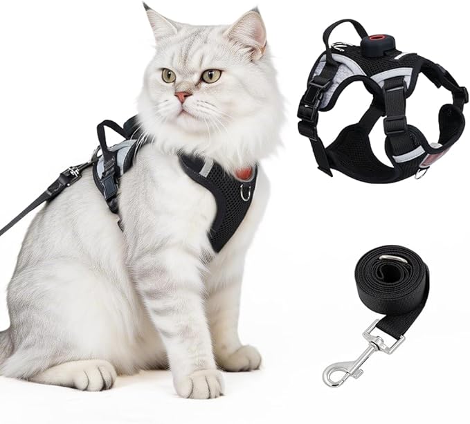 Cat Harness and Leash Set with Holder Compatible with AirTag, Upgraded Escape Proof Kitten Harness with Lead for Large Adult Cats, Soft Mesh Jacket Vest for Walking, Reflective & Adjustable, Black, M