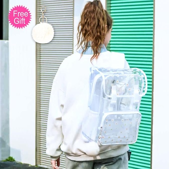 17" Daisy Clear Backpack for Girls - Flip Design Stadium Approved 3Pcs Set, Heavy Duty PVC Bookbag for Concert/School (White)