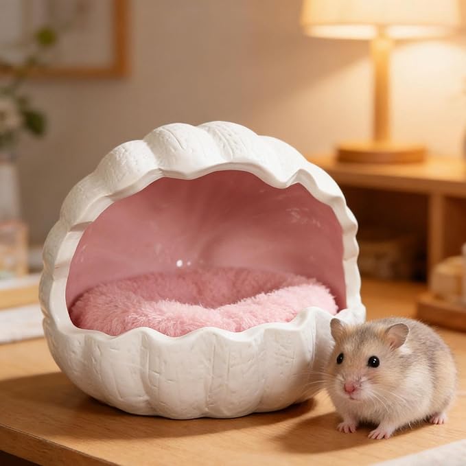 Ceramic Hamster Nest Habitat Hideaway Cooling Pet House Decorative Nest for Gerbil Mice Hedgehog Chinchilla Dwarf, Pink