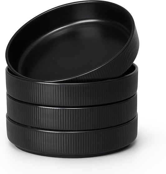 E-far Pasta Bowls Set of 4, 35oz Large Salad Bowl Plate for Dinner Serving Soup, Wide & Shallow Ceramic Stoneware Pasta Plates, Microwave & Dishwasher Safe, Reactive Glaze Texture-Stripe, Matte Black