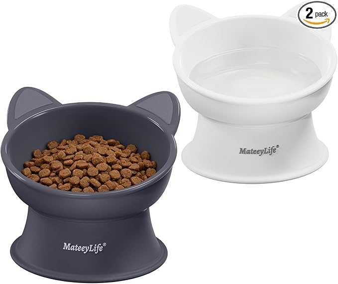 MateeyLife Elevated Cat Bowls, 2P Raised Food and Water Bowl Set for Indoor Cats & Small Dogs, Whisker Fatigue Cat Bowl, Anti Vomit Feeding Pet Bowls, 6 oz Each, Dishwasher Safe - White & Grey