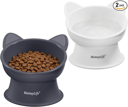 MateeyLife Elevated Cat Bowls, 2P Raised Food and Water Bowl Set for Indoor Cats & Small Dogs, Whisker Fatigue Cat Bowl, Anti Vomit Feeding Pet Bowls, 6 oz Each, Dishwasher Safe - White & Grey