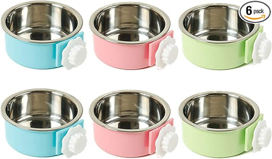 kathson Crate Dog Bowl, Removable Stainless Steel Hanging Pet Cage Bowl Food & Water Feeder Coop Cup for Cat, Puppy, Birds, Rats, Guinea Pigs (6 PCS, Size: L, 2×Blue,2×Green,2×Pink)