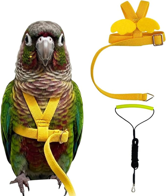Adjustable Bird Harness with Elastic Leash, Pet Parrot Harness and Leash, Adjustable Training Design Anti-Bite, Bird Nylon Rope with Cute Wing for Conure (Yellow,M)