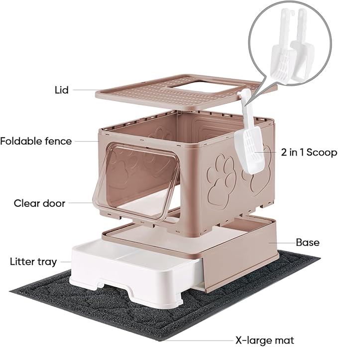 Medario Cat Litter Box with X-Large Litter Mat and Scoop, Large Covered Litter Box with Lid, Enclosed Kitty Box,Front Top Entry Exit, Odor Control Easy to Clean (Upgrade Coffee)