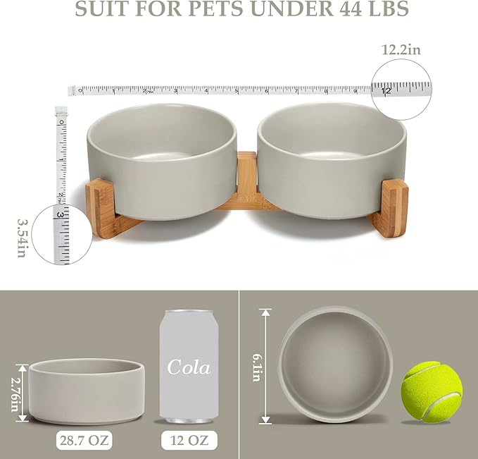 SPUNKYJUNKY Ceramic Dog and Cat Bowl with Wood Stand Non-Slip Matte Glaze Weighted Food Water Set for Cat Medium Dog 28.7 OZ