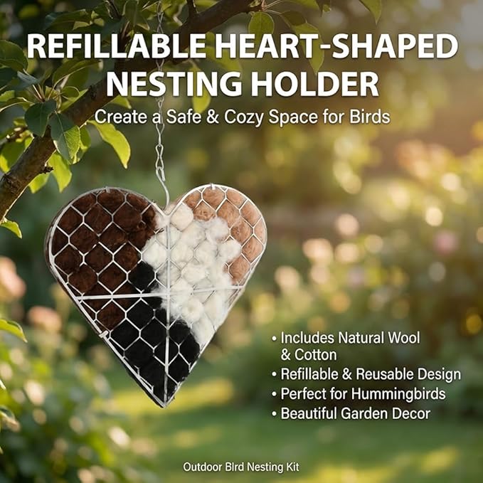 Handmade Fiber Bird Nesting Heart, Refillable Nesting Material for Wild Bird, Hanging Hummingbird Houses Nest Outdoor Garden Art Birdhouse Decortion Gifts for Bird/Nature Lovers