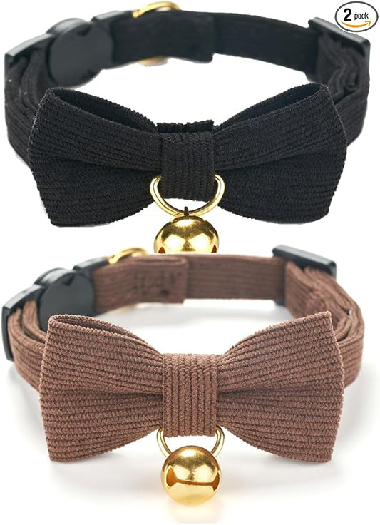 2 Pack Soft Corduroy Cat Collars with Bow Tie & Bell, Adjustable Breakaway Cotton Kitty Bowtie Collar for Male Boy Cats (Black & Brown)