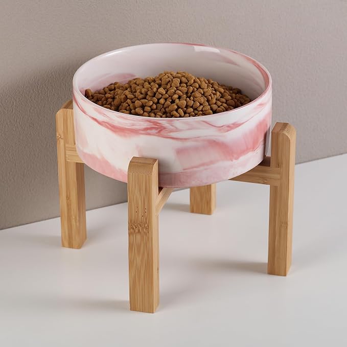 Elevated/Raised Dog Bowl Ceramic with Wood Stand for Small Medium Breed,Dog Food Water Dish Heavy, 6 in Non Slip Modern Cute Porcelain Pet Bowl Marble Pink