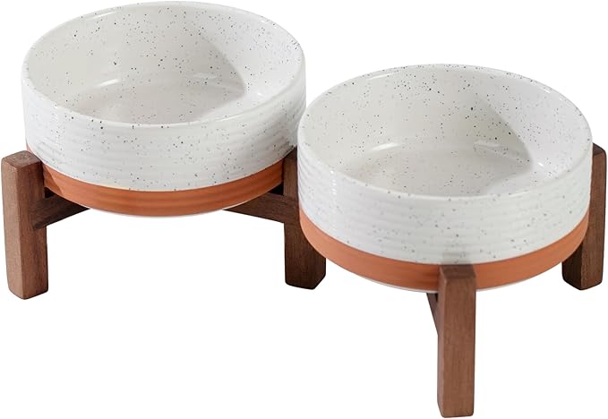 Havniva 5.1" Elevated Dog Bowls Ceramic Raised Dog Bowl with Non-Slip Stand (Acacia Wood) Two Height Options, Dog Food & Water Bowl for Small Breed Dogs Puppy - 1.6 Cups 13.5 oz