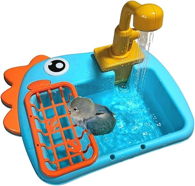 Automatic Bird Shower & Parrot Bath Fountain,Cage Mountable Bath Tub with Automatic Watering Faucet for Cockatiels,Budgies,Conures & Lovebirds