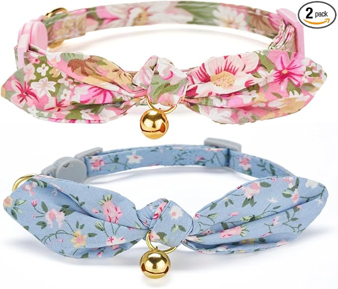 Cotton Bowtie Cat Collar with Bell 2 Pack Stylish Floral Breakaway Kitten Collars with Removeable Knot Bow,Blue & Pink