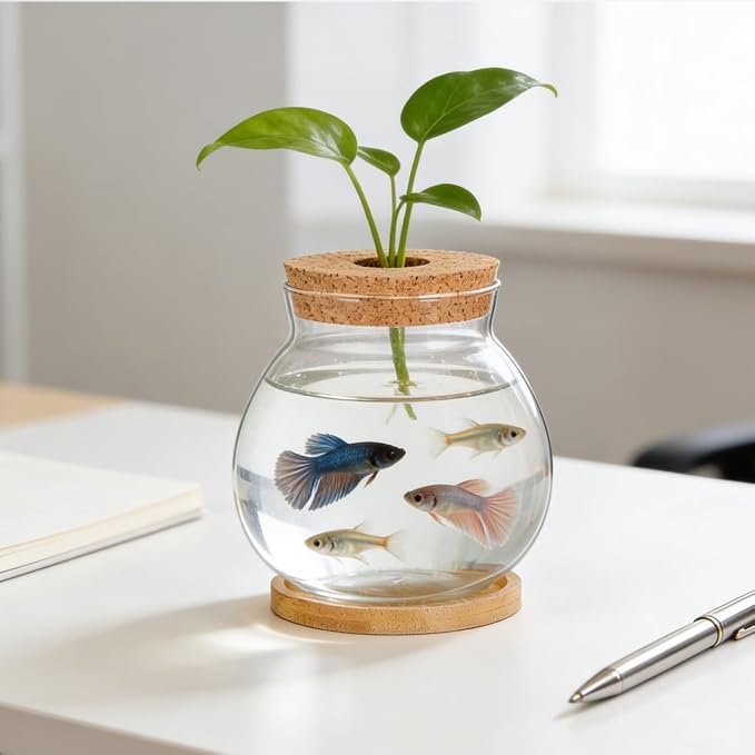 ibasenice Desktop Fish Bowl Glass Fish Tank with Wood Lid & Bamboo Base | Clear Glass Desktop Aquarium Hydroponic Plant Terrarium Bowl for Betta Fish Plants Terrarium Home Office Decoration