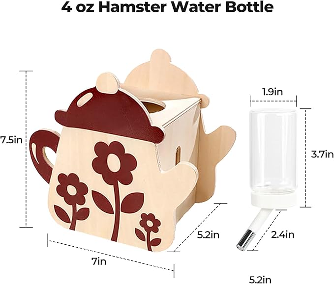 Hamster Water Bottle for Glass Tank – 4 oz Guinea Pig Water Bottle No Drip for Hamster Cage Accessories Small Animal Water Dispenser with Wooden Holder for Rats, Gerbils