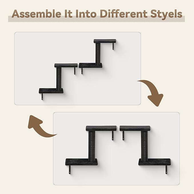 Meecal 6-in-1 Cat Wall Shelves, Wall-Mounted Cat Furniture for Indoor Kittens, Modern Floating Shelves with Scratching Posts, Bed, Perch, Bridge, Condo, Steps and Scratcher, Space-Saving Gym, Black